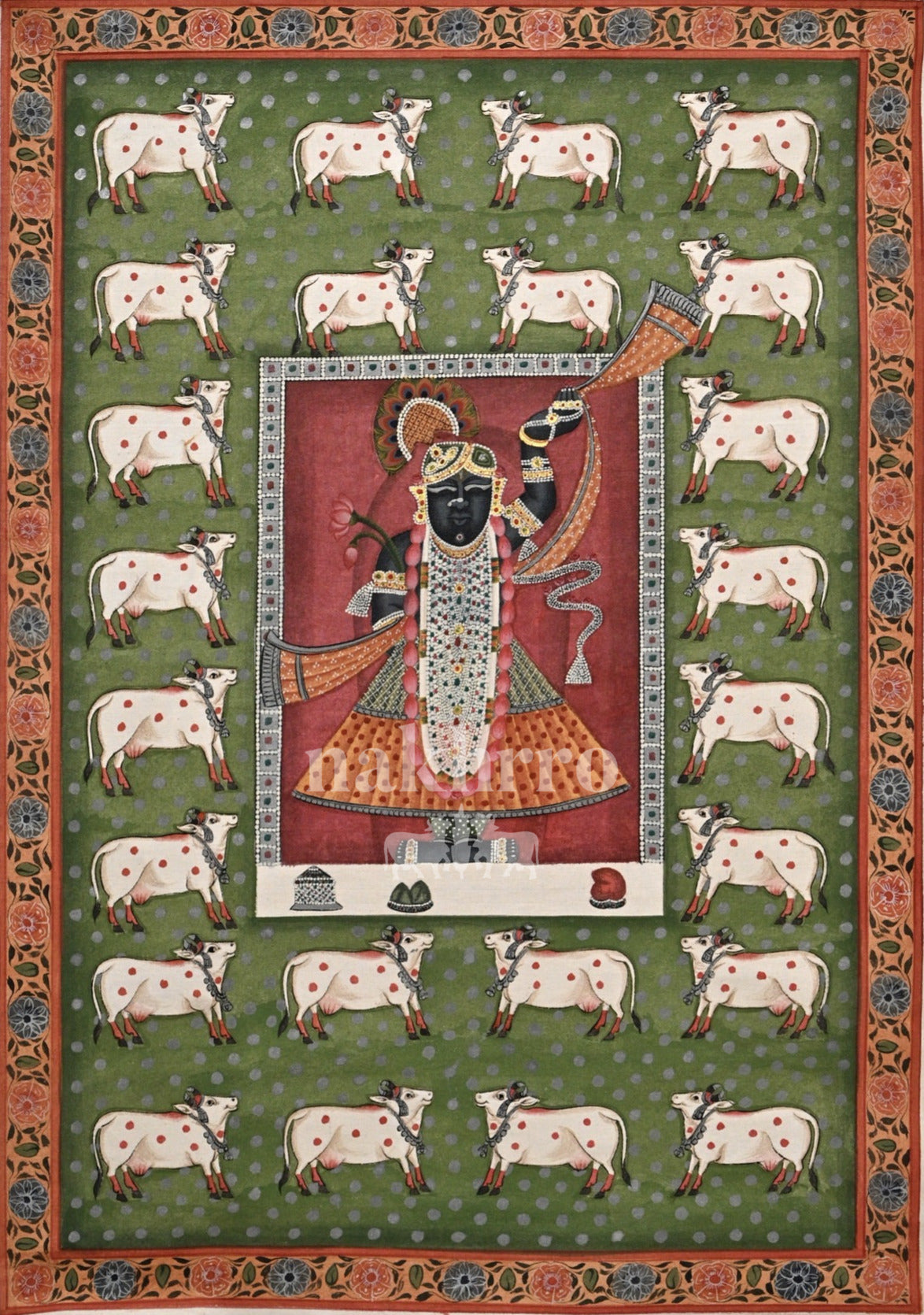 Shrinathji and White Cows on Green — original hand-painted artwork