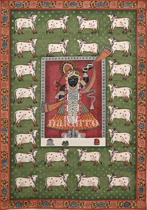Shrinathji and White Cows on Green — original hand-painted artwork