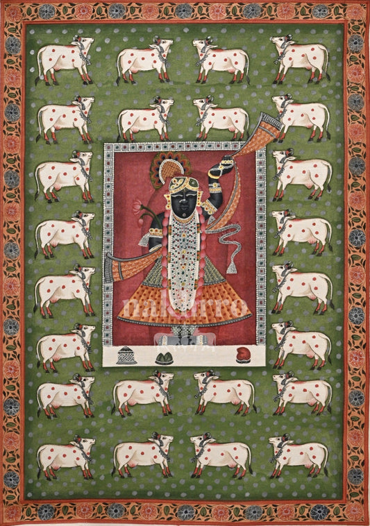 Shrinathji and White Cows on Green — original hand-painted artwork