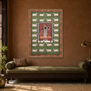 Shrinathji and White Cows on Green — Indian luxury interior styling, slim frame, room 2