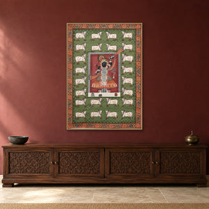 Shrinathji and White Cows on Green — Indian luxury interior styling, slim frame, room 3