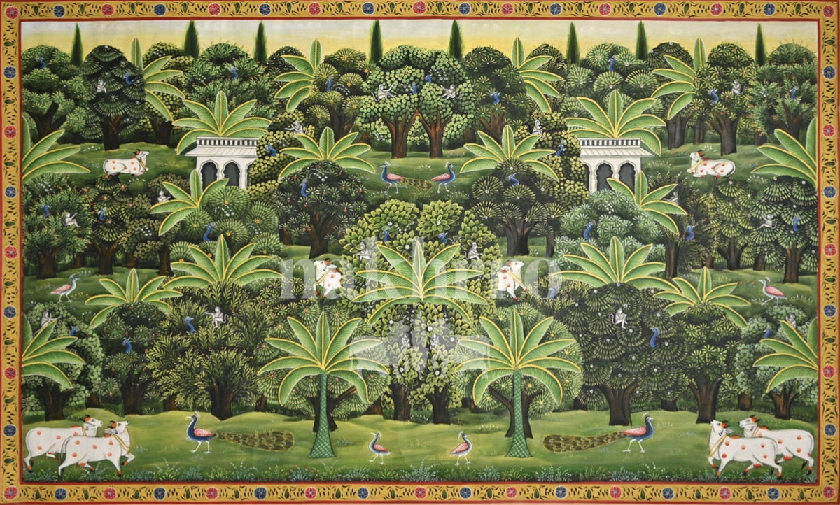 Vrindavan Grove with Cows and Peacocks — original hand-painted artwork