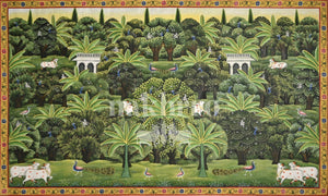 Vrindavan Grove with Cows and Peacocks — original hand-painted artwork