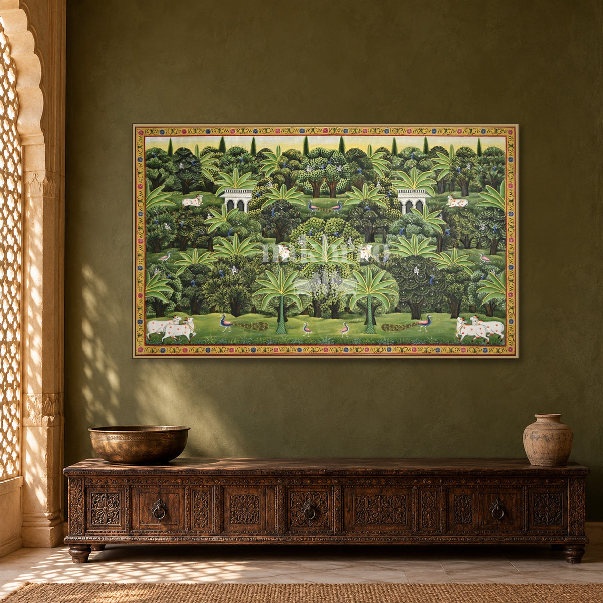 Vrindavan Grove with Cows and Peacocks — Indian luxury interior styling, slim frame, room 1