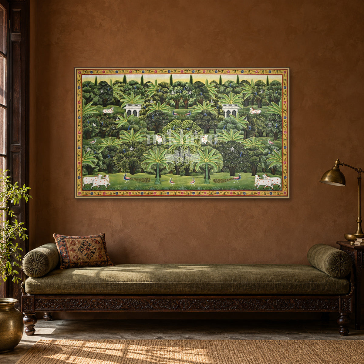 Vrindavan Grove with Cows and Peacocks — Indian luxury interior styling, slim frame, room 2