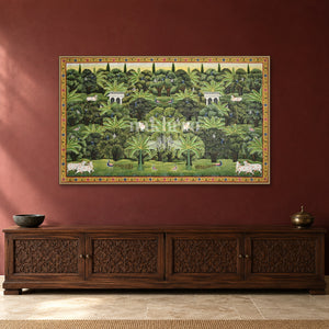 Vrindavan Grove with Cows and Peacocks — Indian luxury interior styling, slim frame, room 3