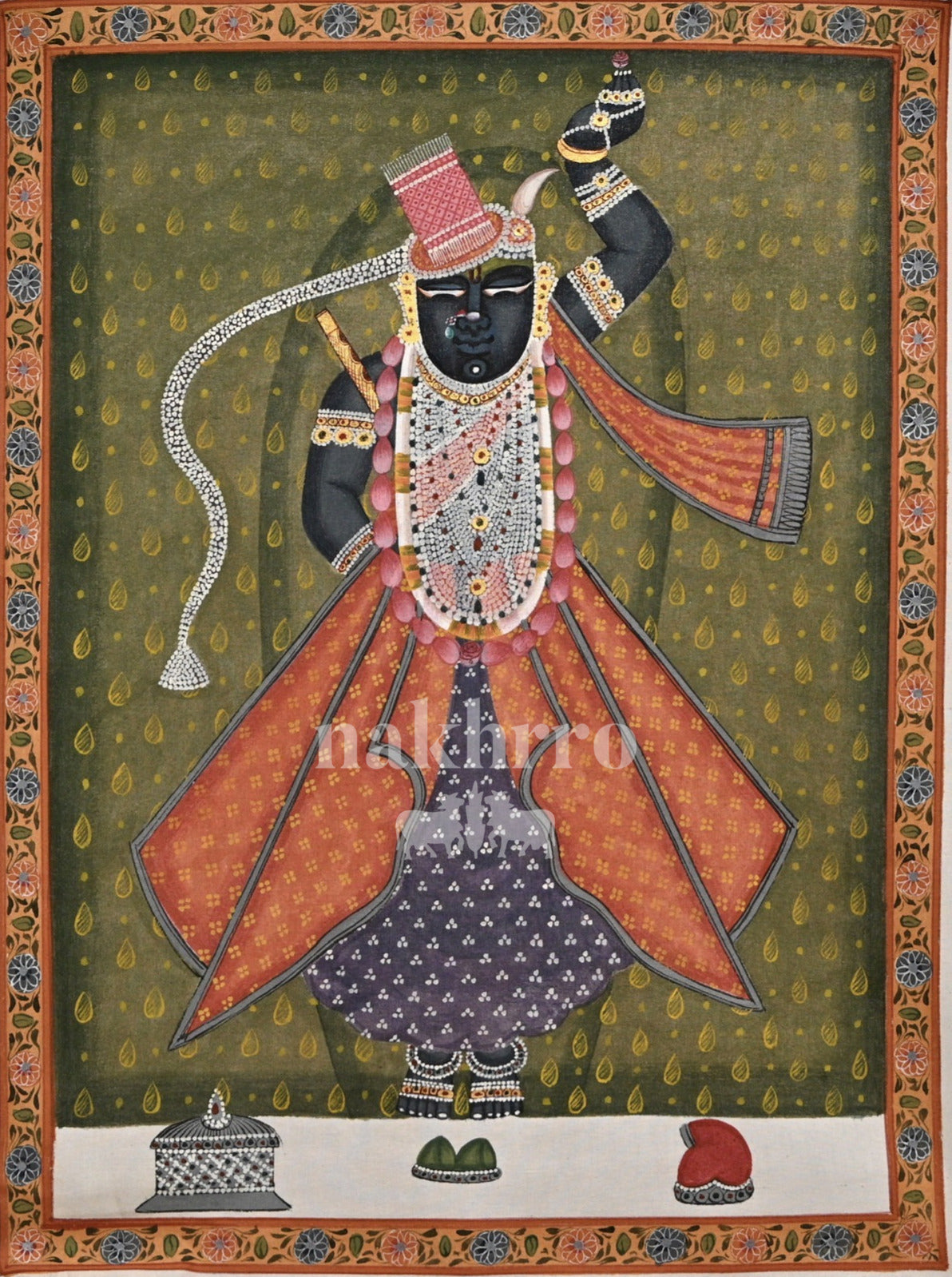 Shrinathji in Rose Robes on Olive — original hand-painted artwork