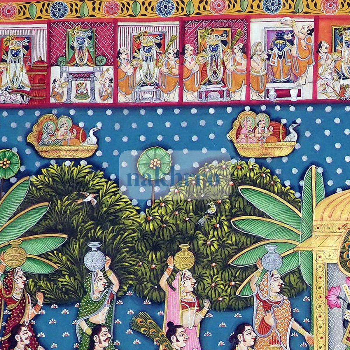 Shrinathji Festival Darshan Pichwai – Original Hand-Painted Artwork on Cloth – detail of upper painted panels