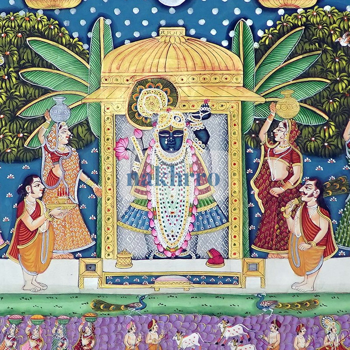Shrinathji Festival Darshan Pichwai – Original Hand-Painted Artwork on Cloth – close-up of hand-painted figures and gold highlights