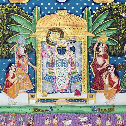 Shrinathji Festival Darshan Pichwai – Original Hand-Painted Artwork on Cloth – close-up of hand-painted figures and gold highlights