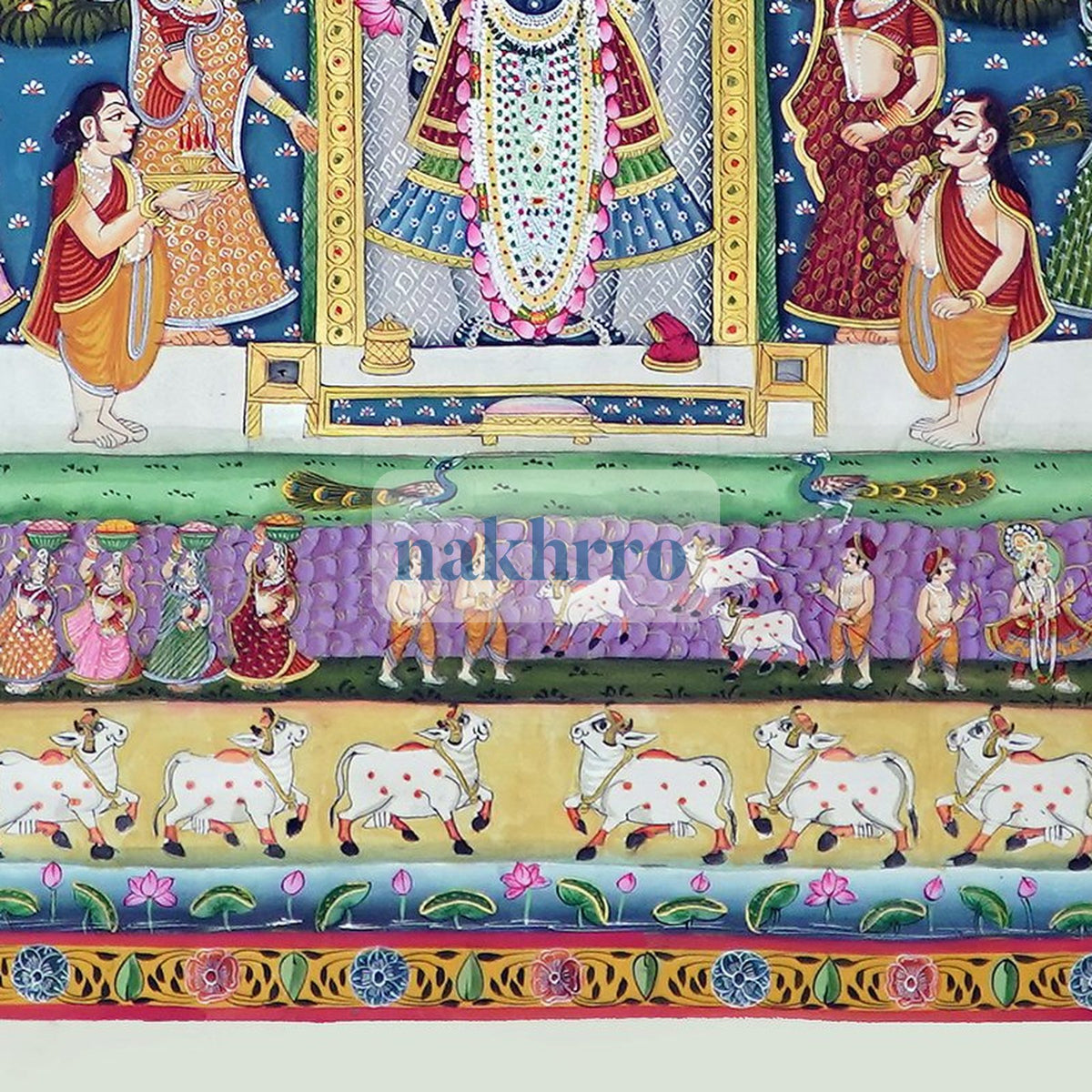 Shrinathji Festival Darshan Pichwai – Original Hand-Painted Artwork on Cloth – detail of lower narrative border