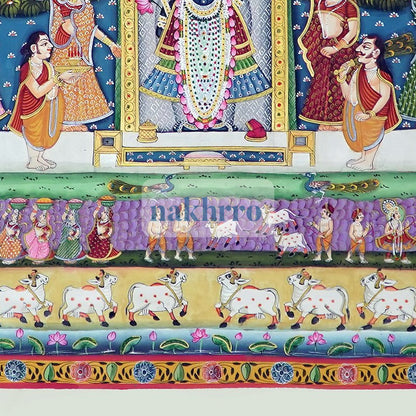 Shrinathji Festival Darshan Pichwai – Original Hand-Painted Artwork on Cloth – detail of lower narrative border