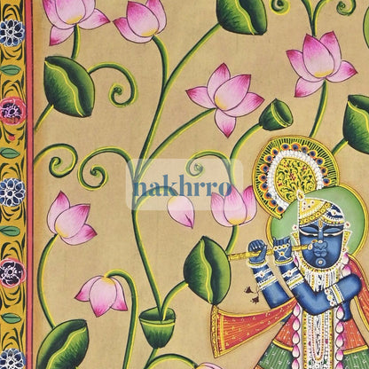 Shrinathji in a Blooming Lotus Garden – Original Hand-Painted Pichwai – upper detail