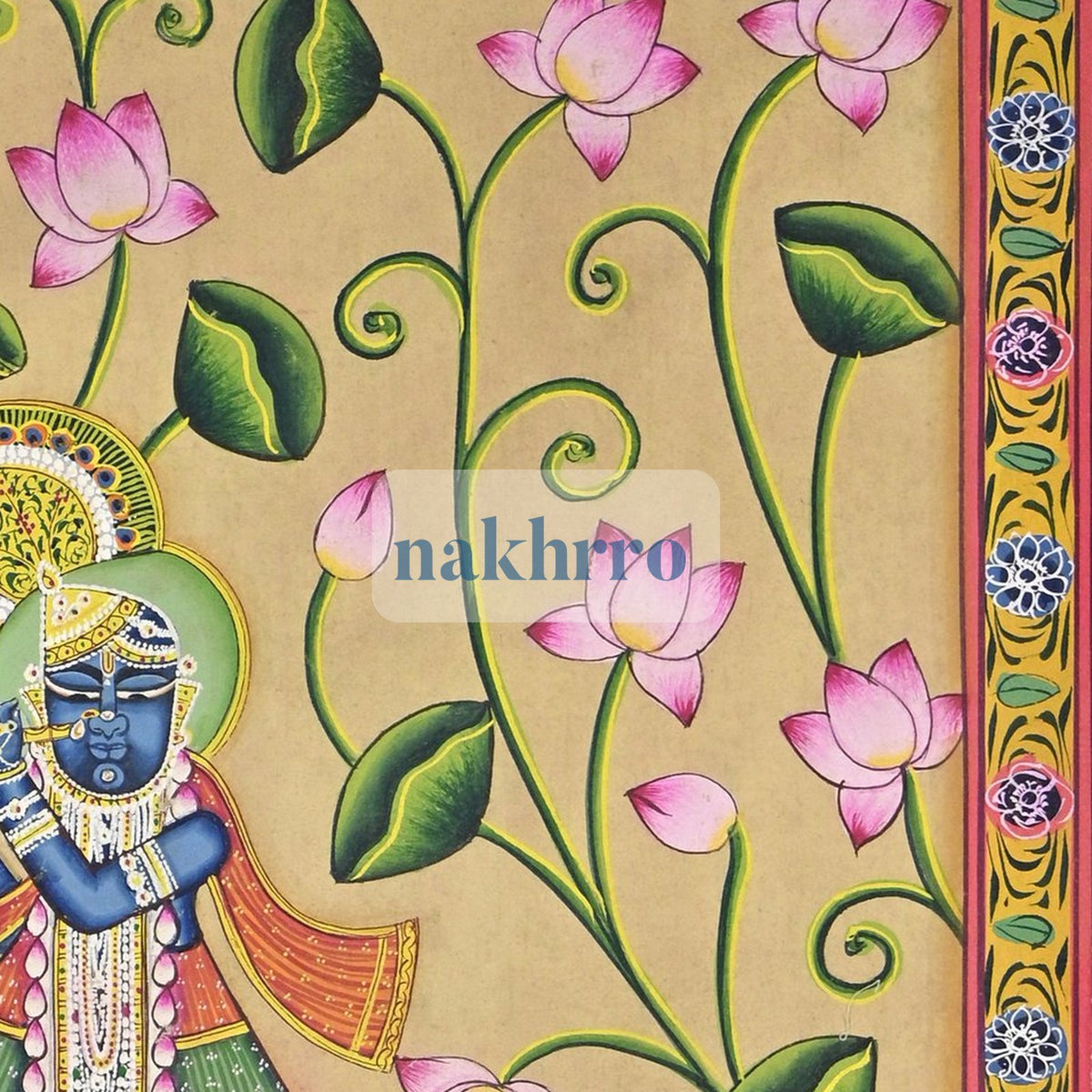 Shrinathji in a Blooming Lotus Garden – Original Hand-Painted Pichwai – right-side detail