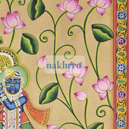 Shrinathji in a Blooming Lotus Garden – Original Hand-Painted Pichwai – right-side detail