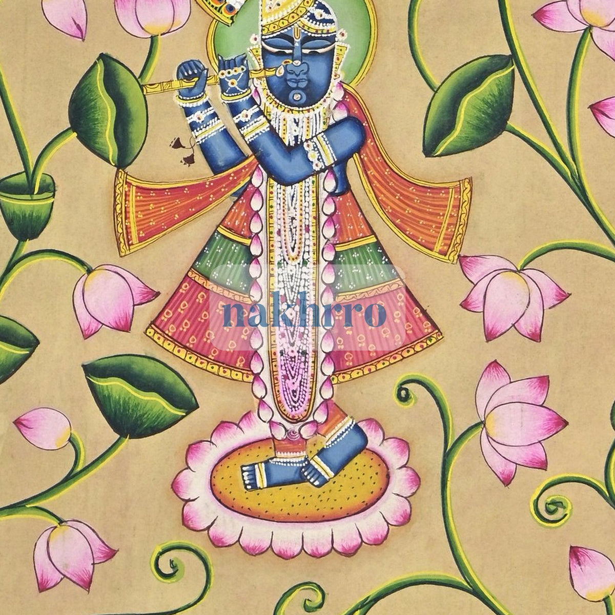 Shrinathji in a Blooming Lotus Garden – Original Hand-Painted Pichwai – central close-up