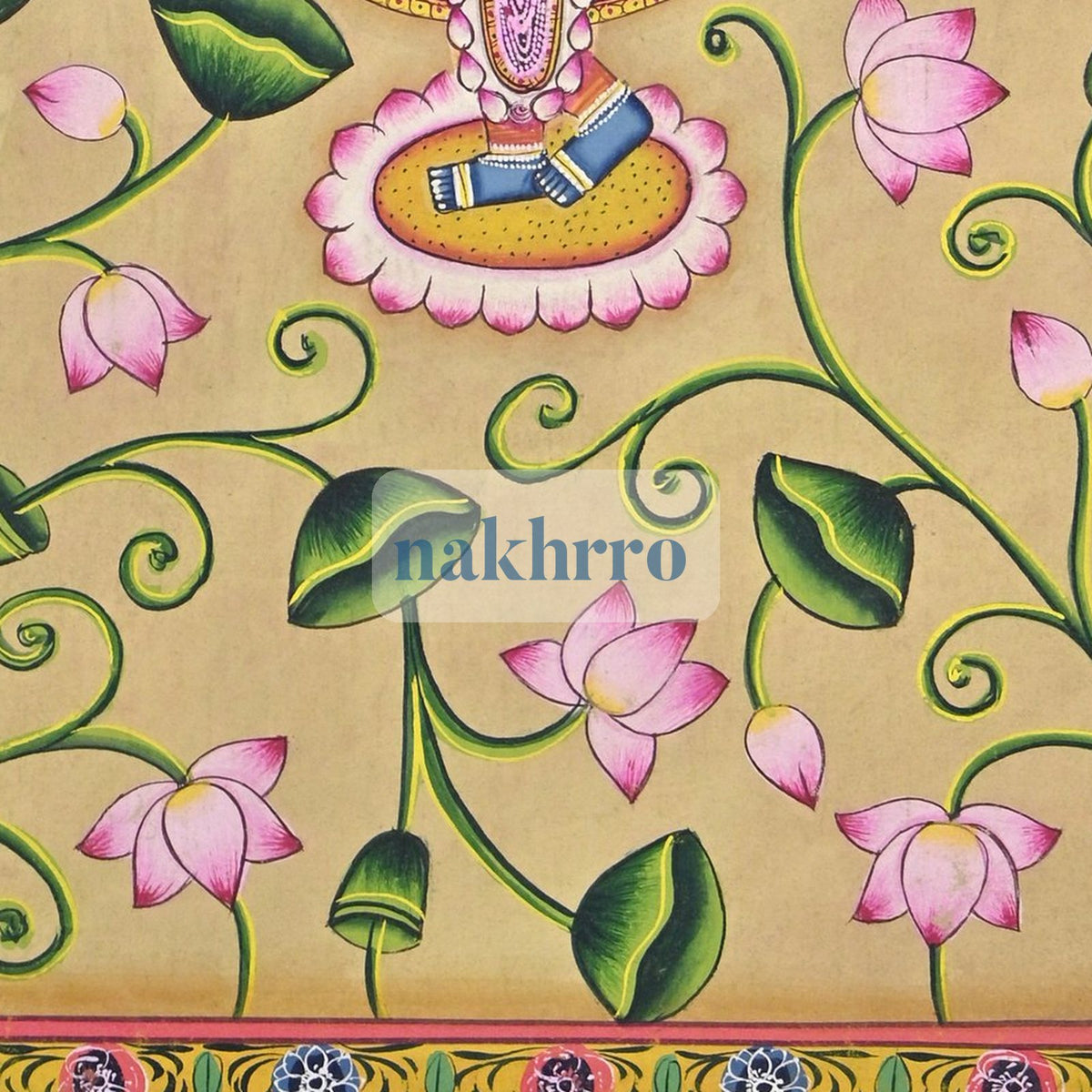 Shrinathji in a Blooming Lotus Garden – Original Hand-Painted Pichwai – lower detail