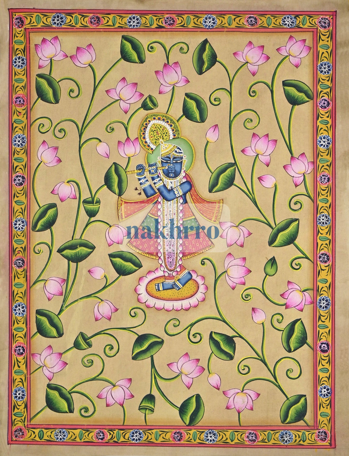Shrinathji in a Blooming Lotus Garden – Original Hand-Painted Pichwai – full view