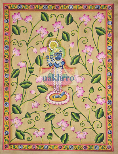 Shrinathji in a Blooming Lotus Garden – Original Hand-Painted Pichwai – full view