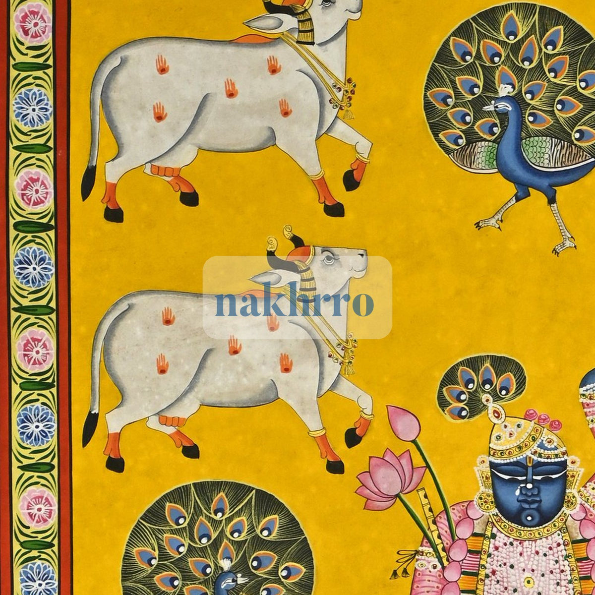 Shrinathji with Kamdhenu Cows and Peacocks – Hand-Painted Yellow Pichwai – upper detail