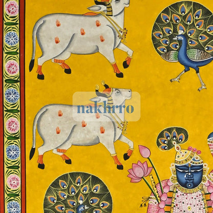 Shrinathji with Kamdhenu Cows and Peacocks – Hand-Painted Yellow Pichwai – upper detail