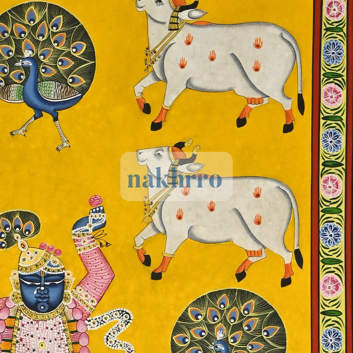 Shrinathji with Kamdhenu Cows and Peacocks – Hand-Painted Yellow Pichwai – right-side detail
