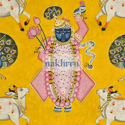 Shrinathji with Kamdhenu Cows and Peacocks – Hand-Painted Yellow Pichwai – central close-up