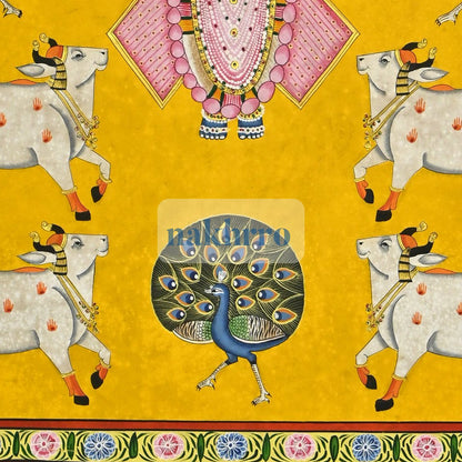 Shrinathji with Kamdhenu Cows and Peacocks – Hand-Painted Yellow Pichwai – lower detail