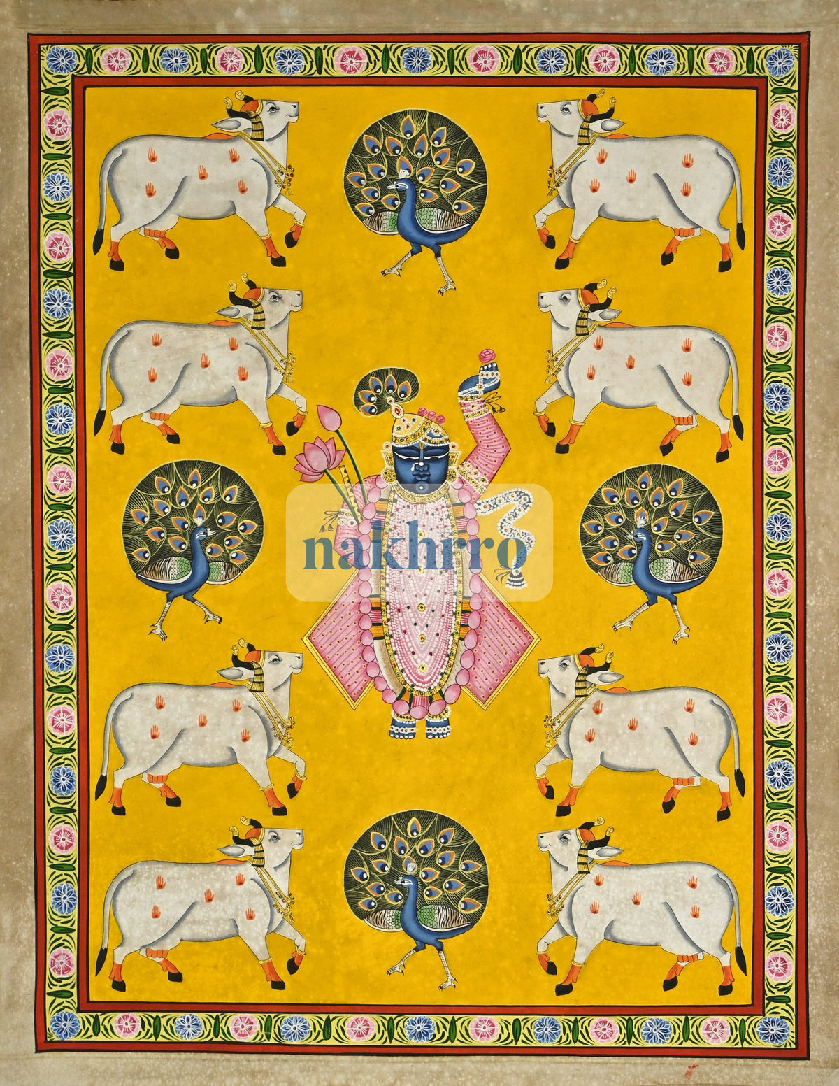 Shrinathji with Kamdhenu Cows and Peacocks – Hand-Painted Yellow Pichwai – full view