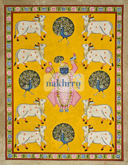 Shrinathji with Kamdhenu Cows and Peacocks – Hand-Painted Yellow Pichwai – full view