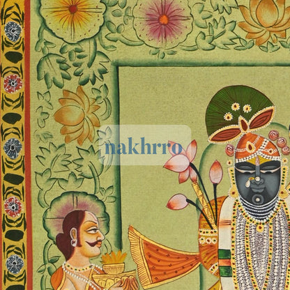 Shrinathji Temple Darshan with Attendants – Original Hand-Painted Pichwai – upper detail