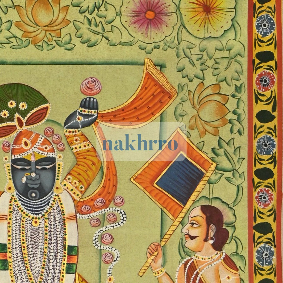 Shrinathji Temple Darshan with Attendants – Original Hand-Painted Pichwai – right-side detail