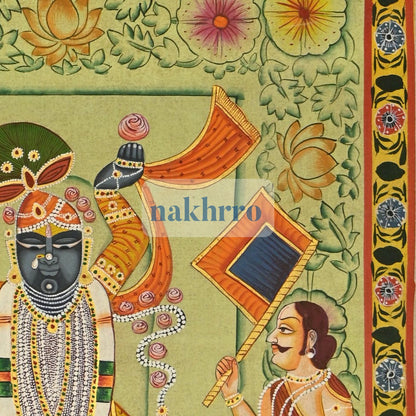 Shrinathji Temple Darshan with Attendants – Original Hand-Painted Pichwai – right-side detail