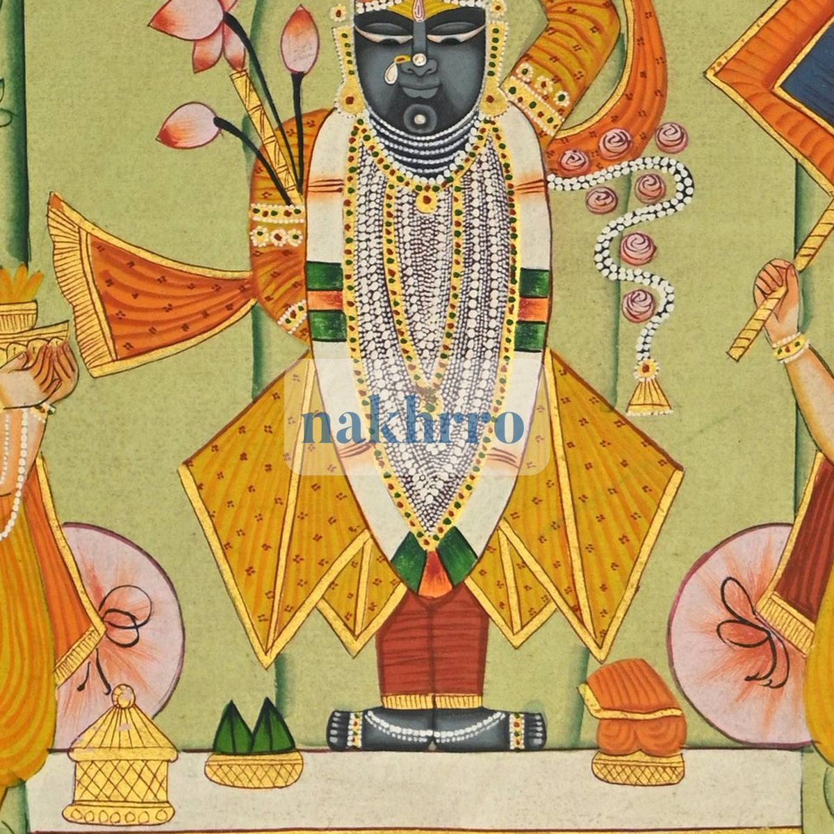 Shrinathji Temple Darshan with Attendants – Original Hand-Painted Pichwai – central close-up