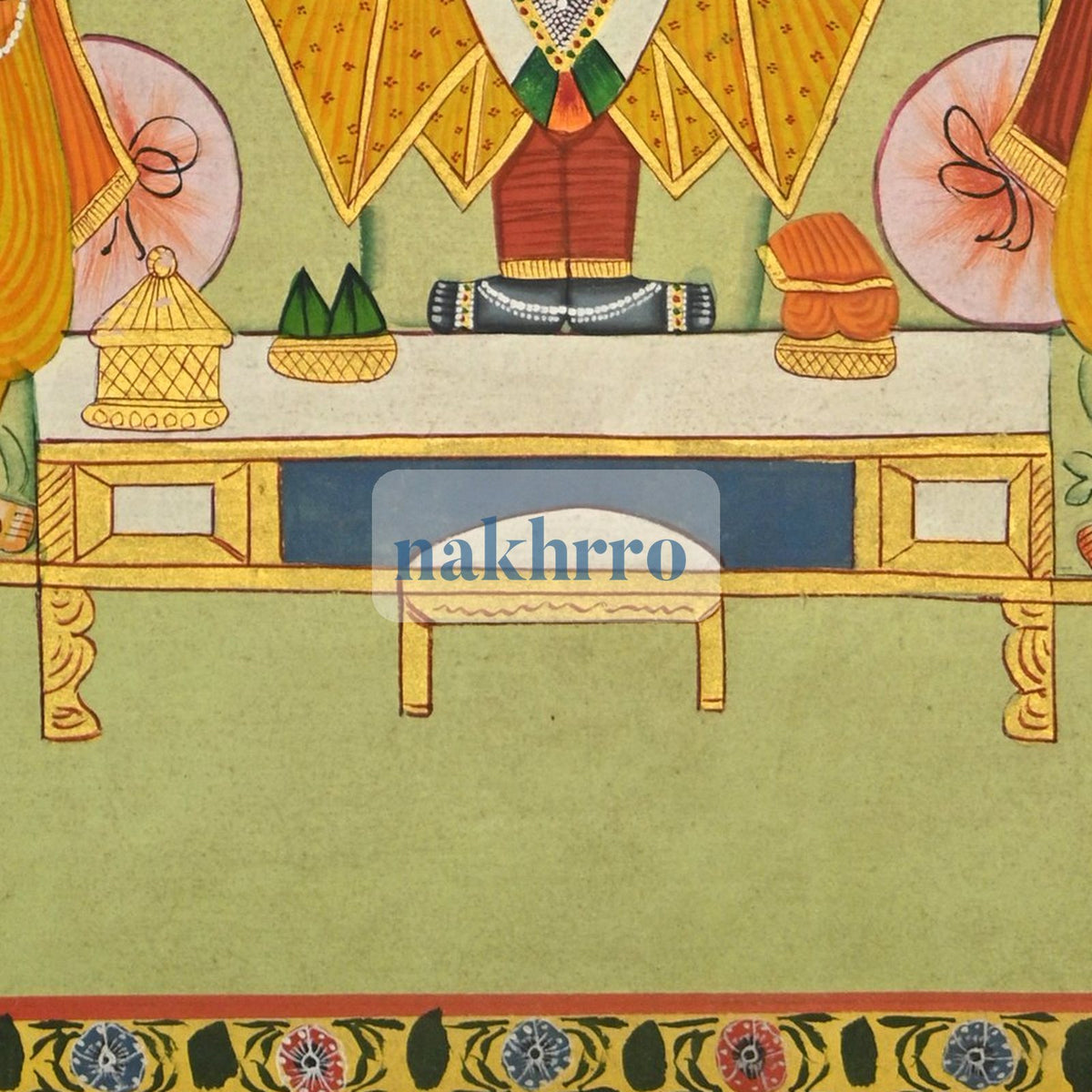 Shrinathji Temple Darshan with Attendants – Original Hand-Painted Pichwai – lower detail