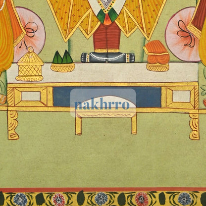 Shrinathji Temple Darshan with Attendants – Original Hand-Painted Pichwai – lower detail