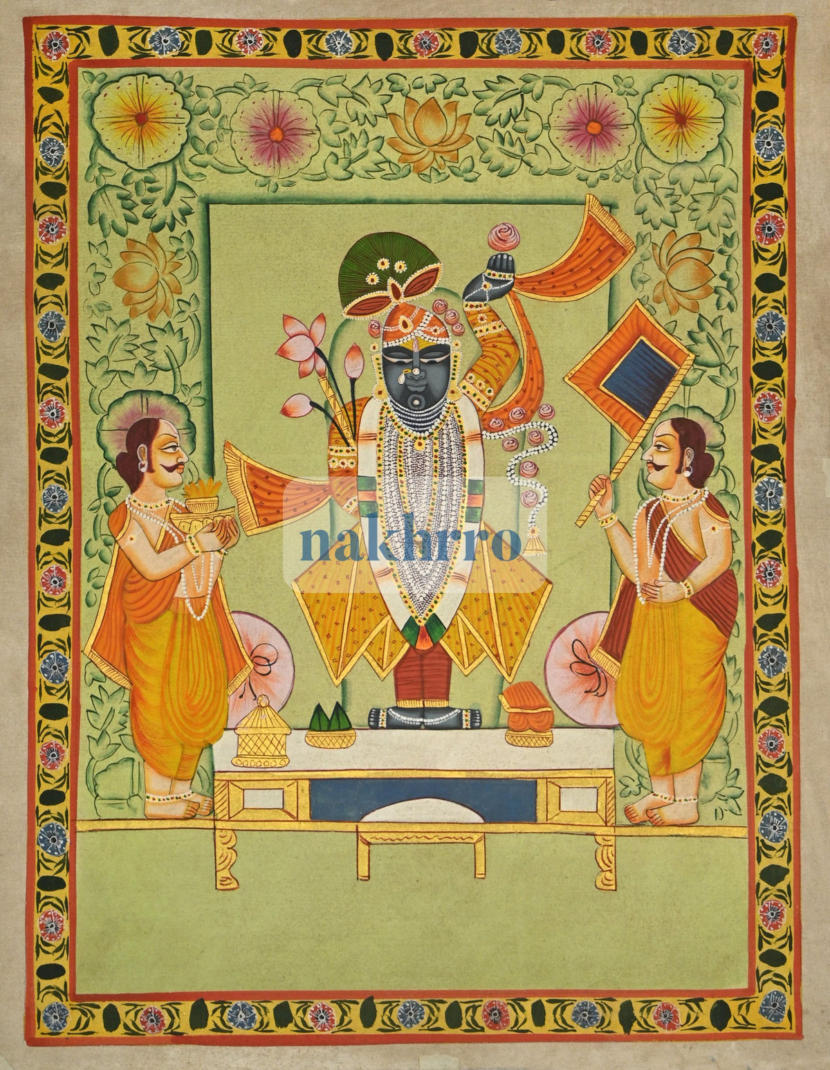 Shrinathji Temple Darshan with Attendants – Original Hand-Painted Pichwai – full view