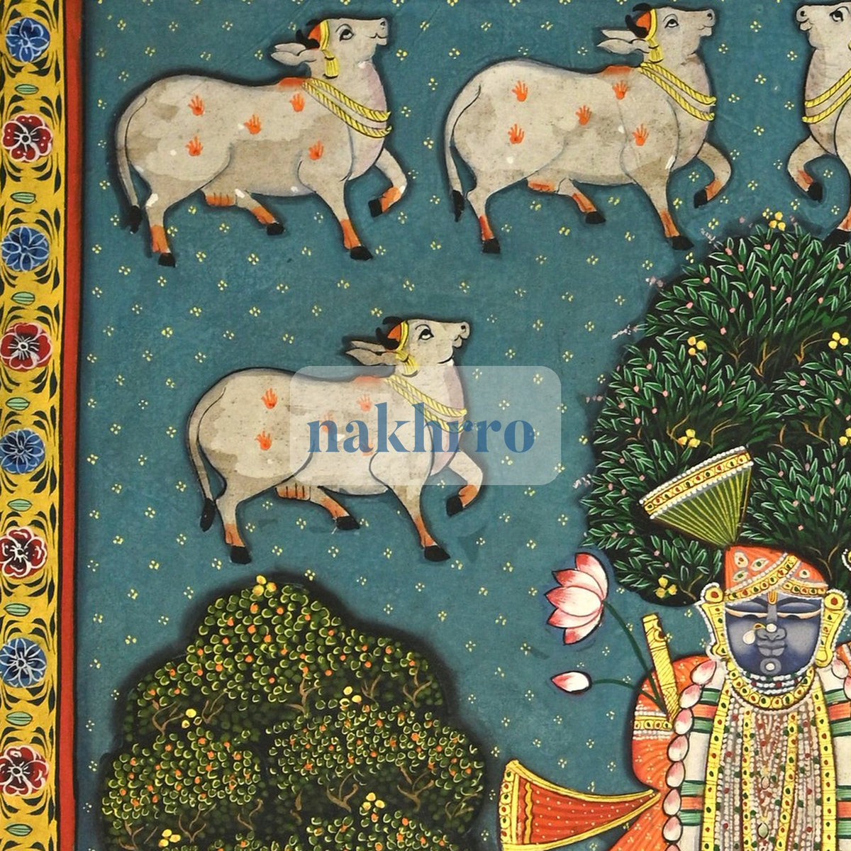 Shrinathji beneath Sacred Trees with Kamdhenu Cows – Original Pichwai – upper detail