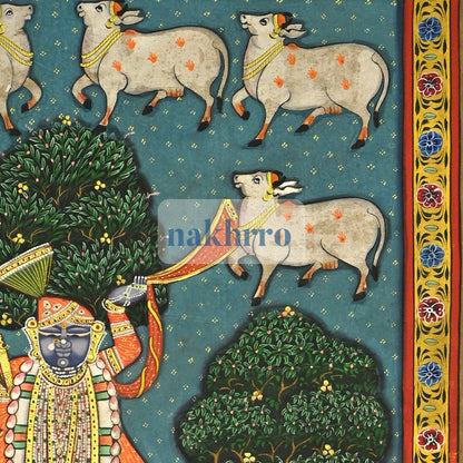 Shrinathji beneath Sacred Trees with Kamdhenu Cows – Original Pichwai – right-side detail