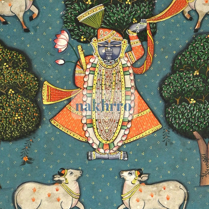 Shrinathji beneath Sacred Trees with Kamdhenu Cows – Original Pichwai – central close-up