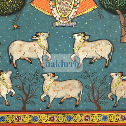 Shrinathji beneath Sacred Trees with Kamdhenu Cows – Original Pichwai – lower detail