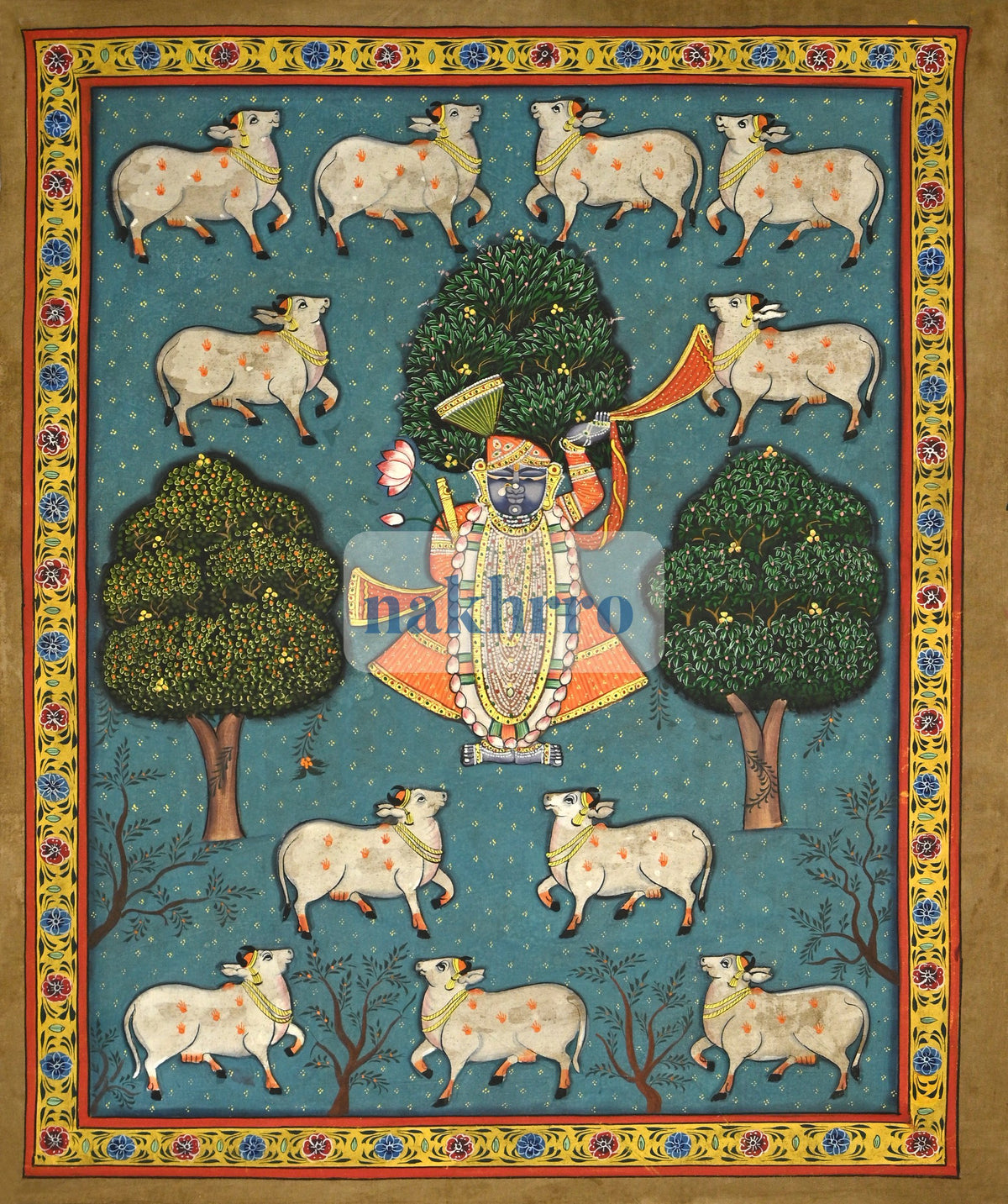 Shrinathji beneath Sacred Trees with Kamdhenu Cows – Original Pichwai – full view