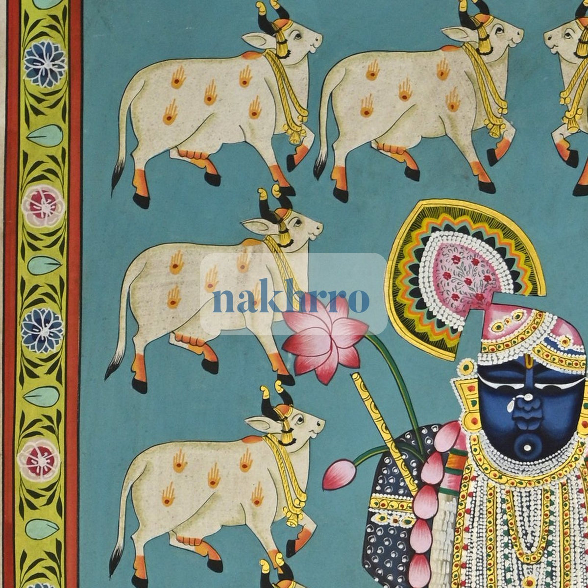 Shrinathji Surrounded by Kamdhenu Cows – Turquoise Hand-Painted Pichwai – upper detail