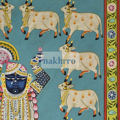 Shrinathji Surrounded by Kamdhenu Cows – Turquoise Hand-Painted Pichwai – right-side detail