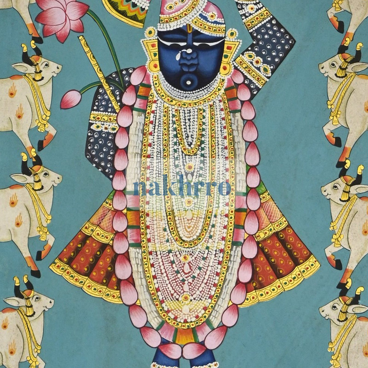 Shrinathji Surrounded by Kamdhenu Cows – Turquoise Hand-Painted Pichwai – central close-up