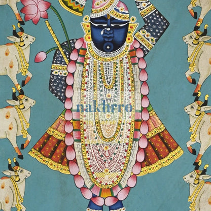 Shrinathji Surrounded by Kamdhenu Cows – Turquoise Hand-Painted Pichwai – central close-up