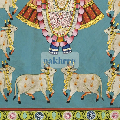 Shrinathji Surrounded by Kamdhenu Cows – Turquoise Hand-Painted Pichwai – lower detail