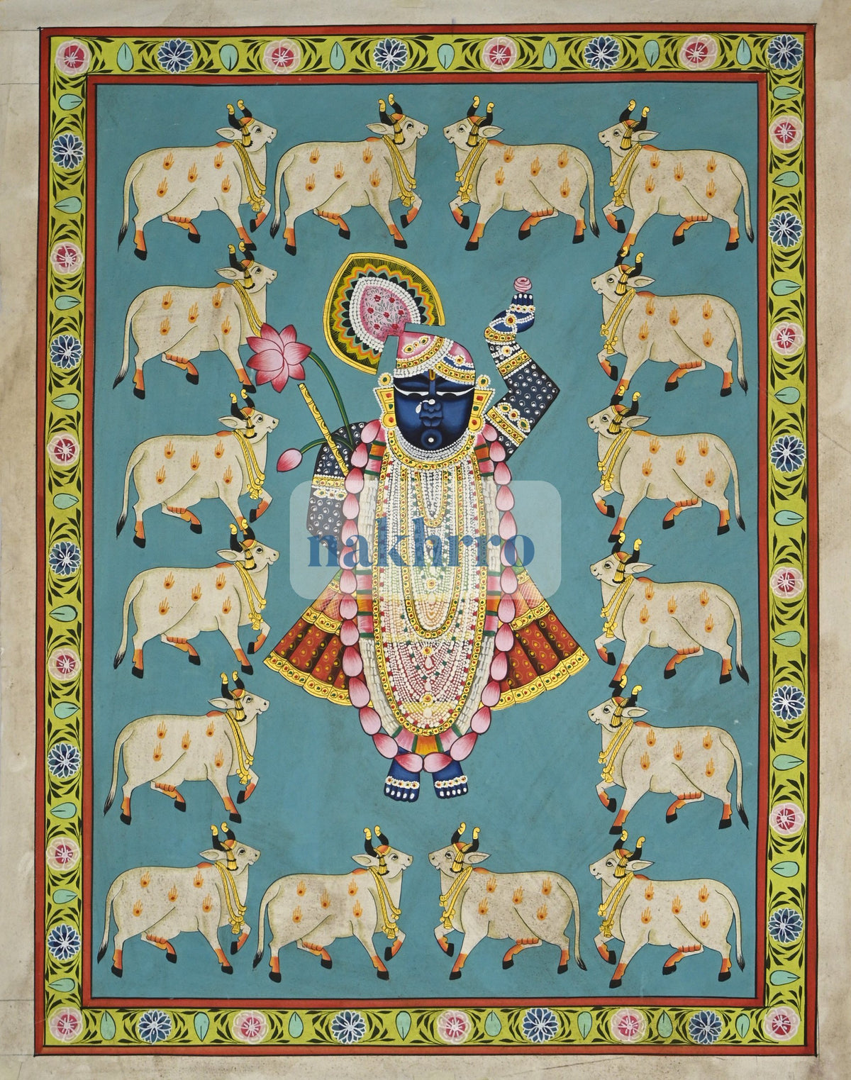 Shrinathji Surrounded by Kamdhenu Cows – Turquoise Hand-Painted Pichwai – full view