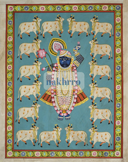 Shrinathji Surrounded by Kamdhenu Cows – Turquoise Hand-Painted Pichwai – full view