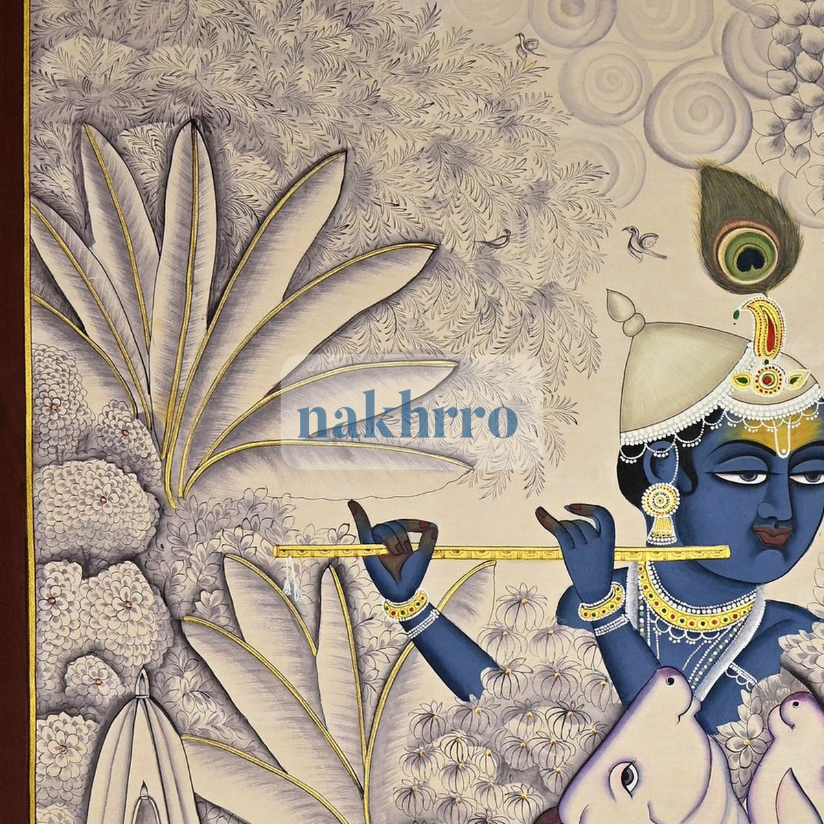 Krishna in a Monochrome Forest with Cows – Original Hand-Painted Pichwai – upper detail